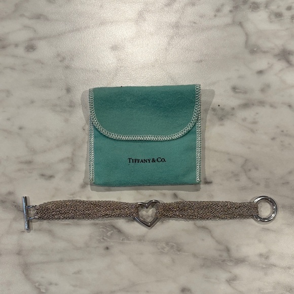 Tiffany & Co. Silver Heart Mesh Bracelet with Teal Pouch - Picture 1 of 5